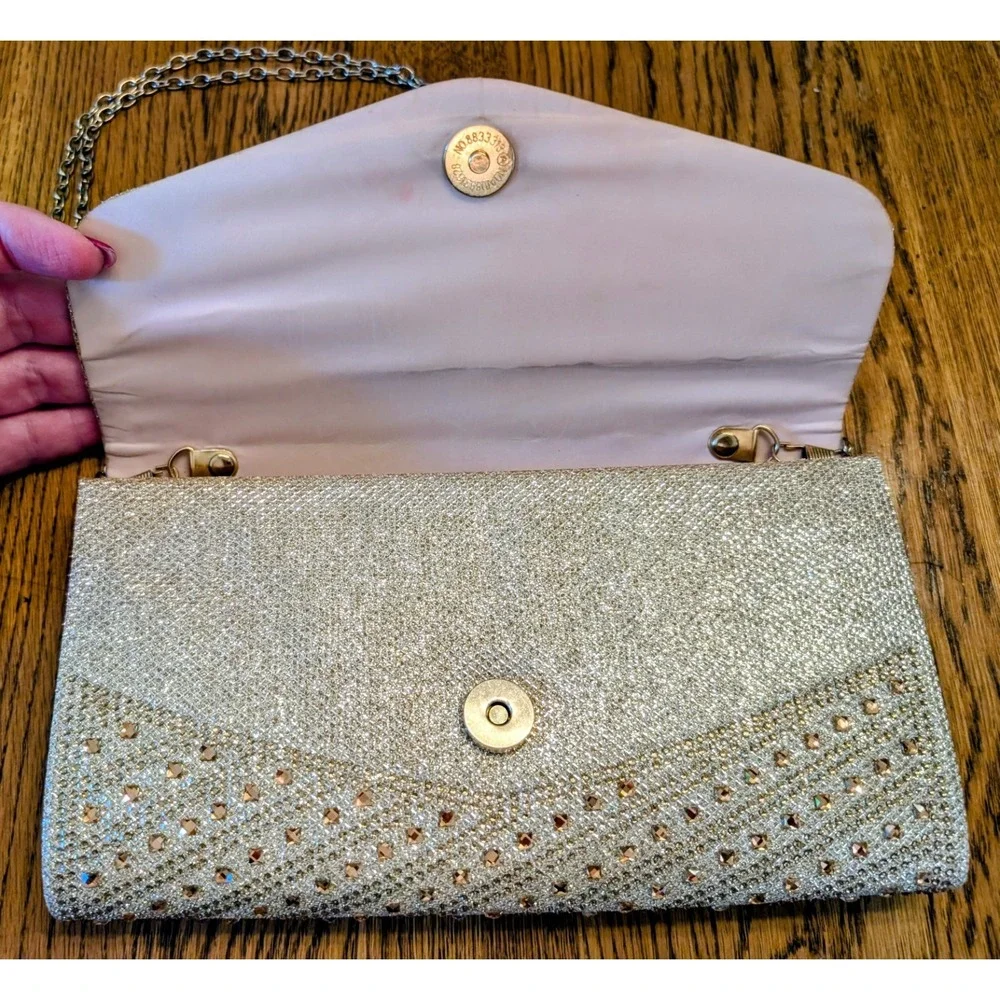 Evening Clutch Gold With Sparkling Champagne Rhinestones/Chain/Snap
